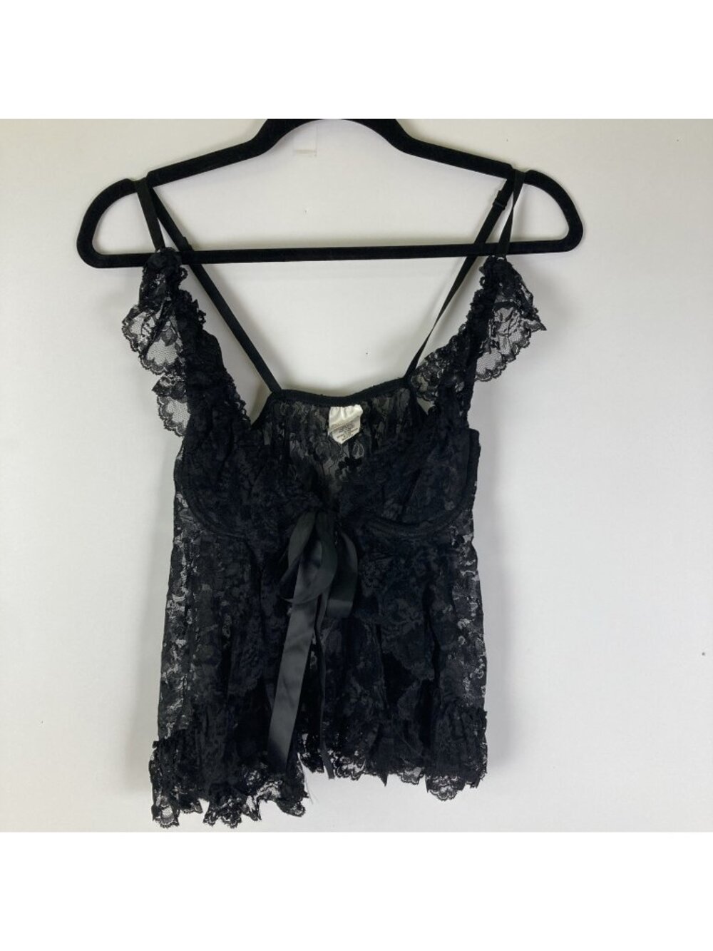 Vintage 90s Shirley Of Hollywood Black Floral Lace Tie Front Lingerie Size Small